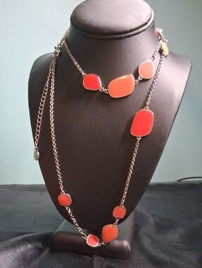 224. Grace Adele Silvertone Necklace W Coral Peach Accents, Contemporary 34"-40"